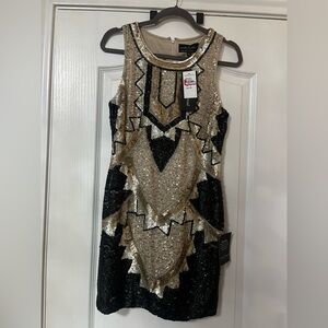Needle & Thread Black and Gold Beaded Mini Dress